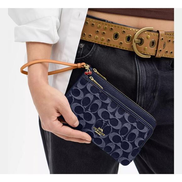 🍒 Coach  Double Zip Wallet In Signature Denim with Cherry Charm - Picture 5 of 12